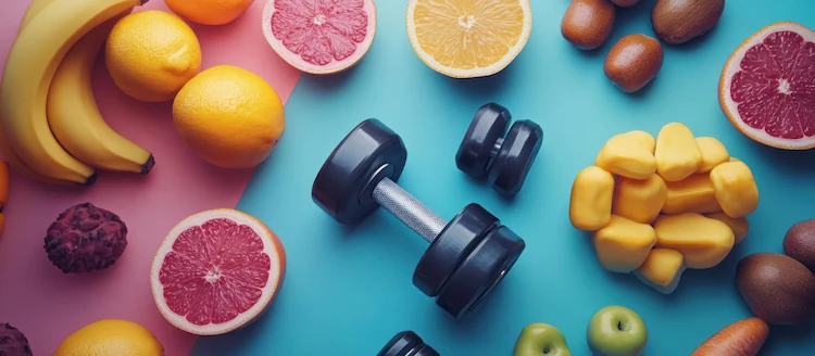Variedad de frutas con una pesa representando el plan de nutrición personalizado