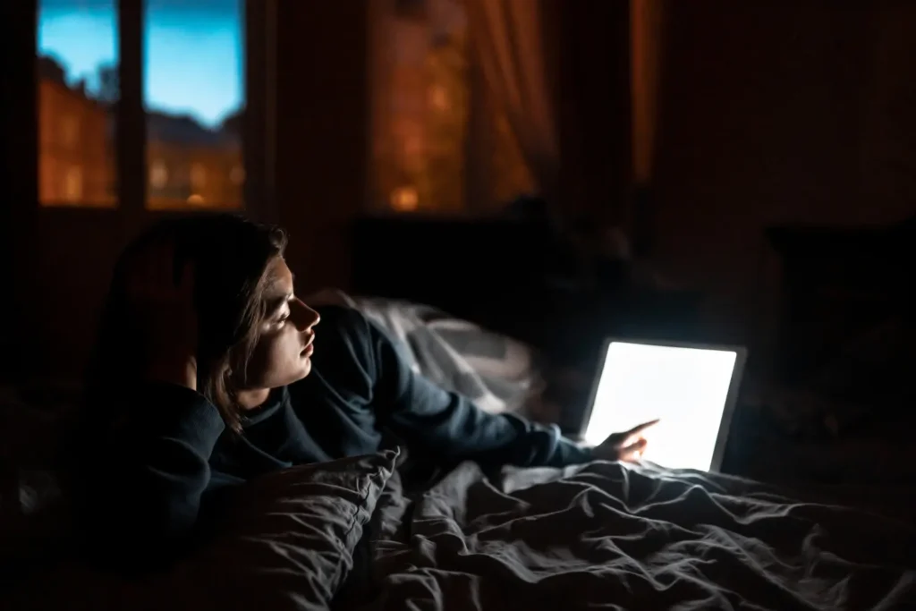 Persona a punto de apagar la pantalla antes de dormir